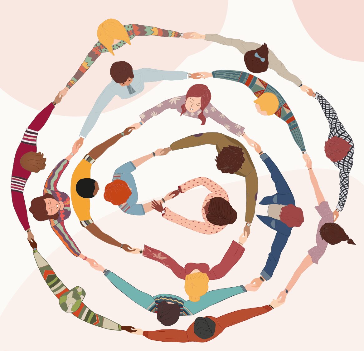 Illustration einer Gruppe Menschen, die Hand in Hand einen Spiralkreis bilden.